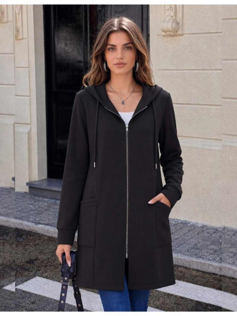 Women's Black Fall Zip up Comfort Hoodies Tunic Sweatshirts Jacket with Pocket - Picture 2 of 5